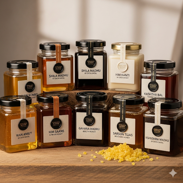 Himalayan mountains at dawn with Himalayan Blossom honey jar